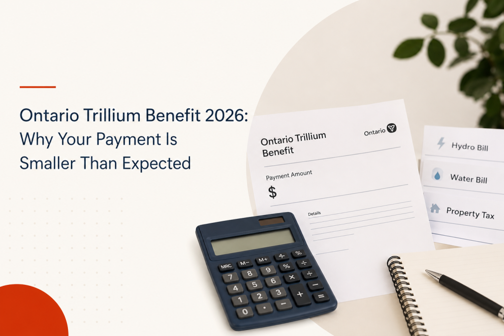 Ontario Trillium Benefit payment statement with calculator and household bills