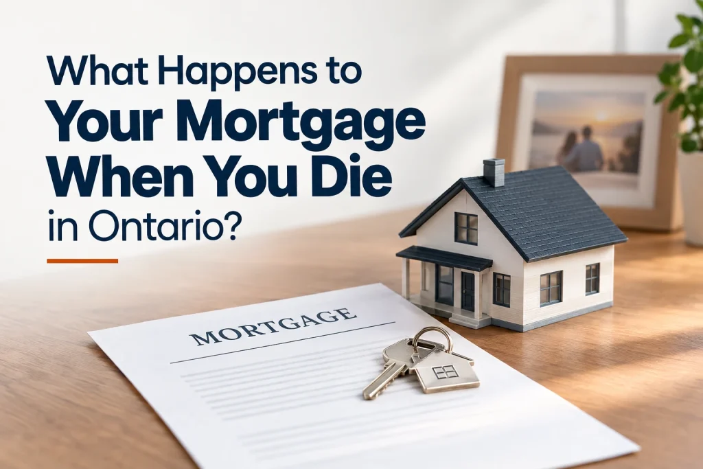 Ontario mortgage document with house keys and a model home on a table